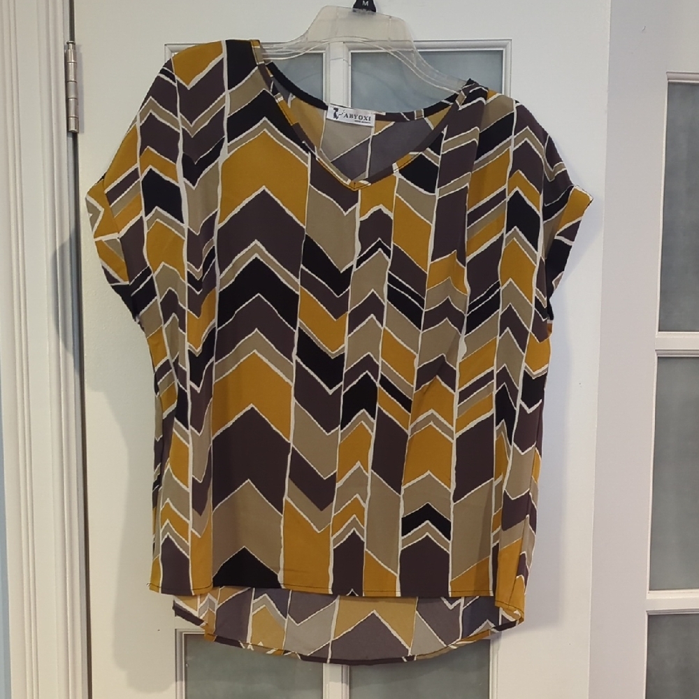Women's Chevron Print Blouse - Mustard, Beige, and Black